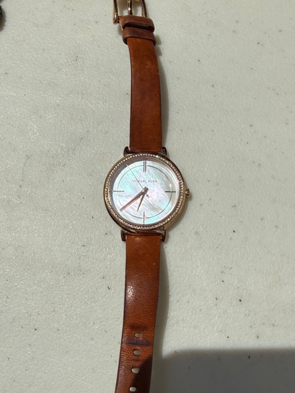 Michael Kors Brown Leather Strap Watch with Mother-of-Pearl Dial
